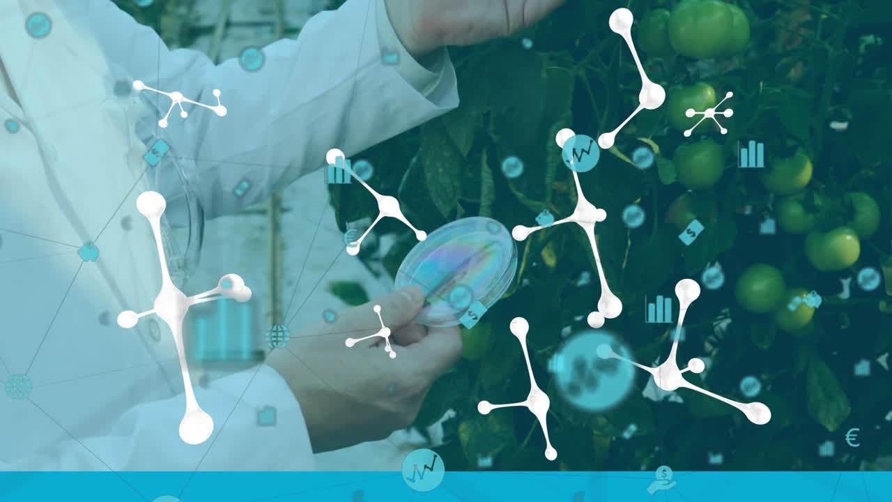 온실 실험실에서 일하는 과학자에 대한 디지털 아이콘과 분자 구조