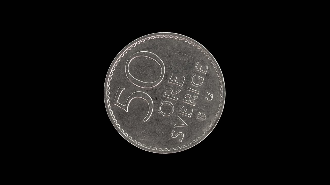 Sweden 1973 50 öre coin reverse with denomination rotating on black background