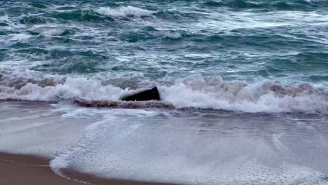 sea waves are splashing into a majestic sandy beach n on the coastline shores