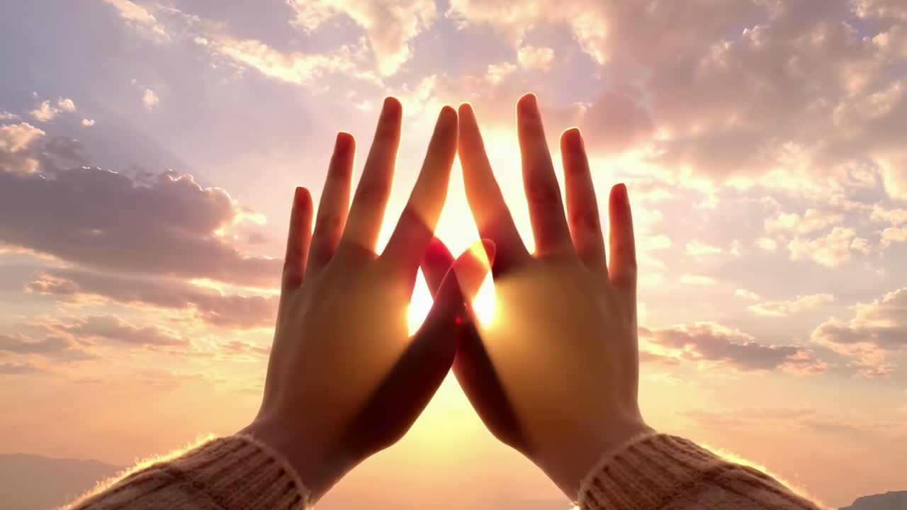 Mani che si protendono verso il sole, catturate da un'angolazione bassa, creando un'atmosfera video calda e di speranza.