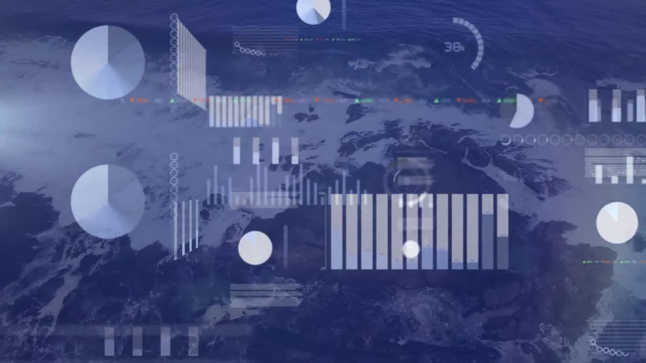 Animation of statistical data processing against aerial view of sea waves hitting the rocks