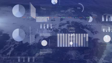 animación del procesamiento de datos estadísticos frente a una vista aérea de las olas marinas que golpean las rocas