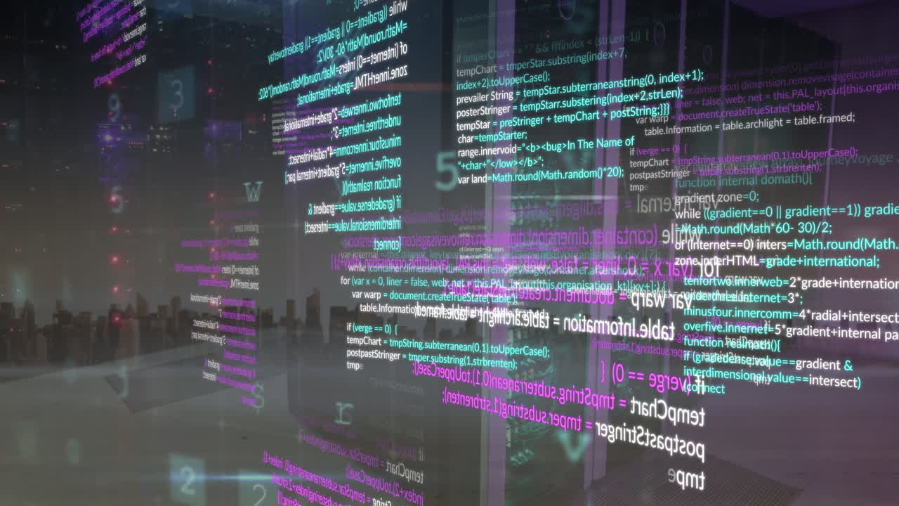 도시 풍경과 비교하여 컴퓨터 서버 에서 사이버 보안 데이터 처리의 애니메이션