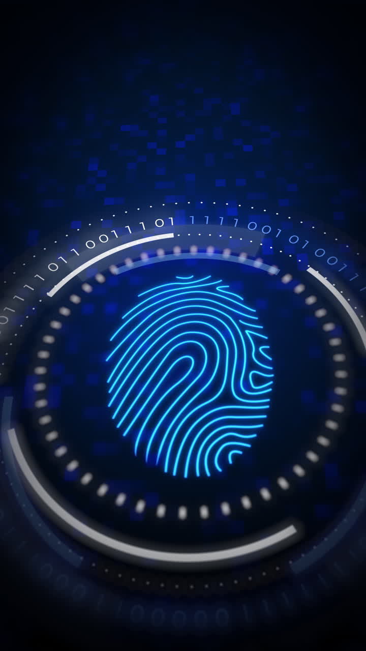 Animation of the fingerprint scanner. Motion digital elements and 3D graphics with binary code. Biometric identification. Looped animation on a blue background. Vertical video.