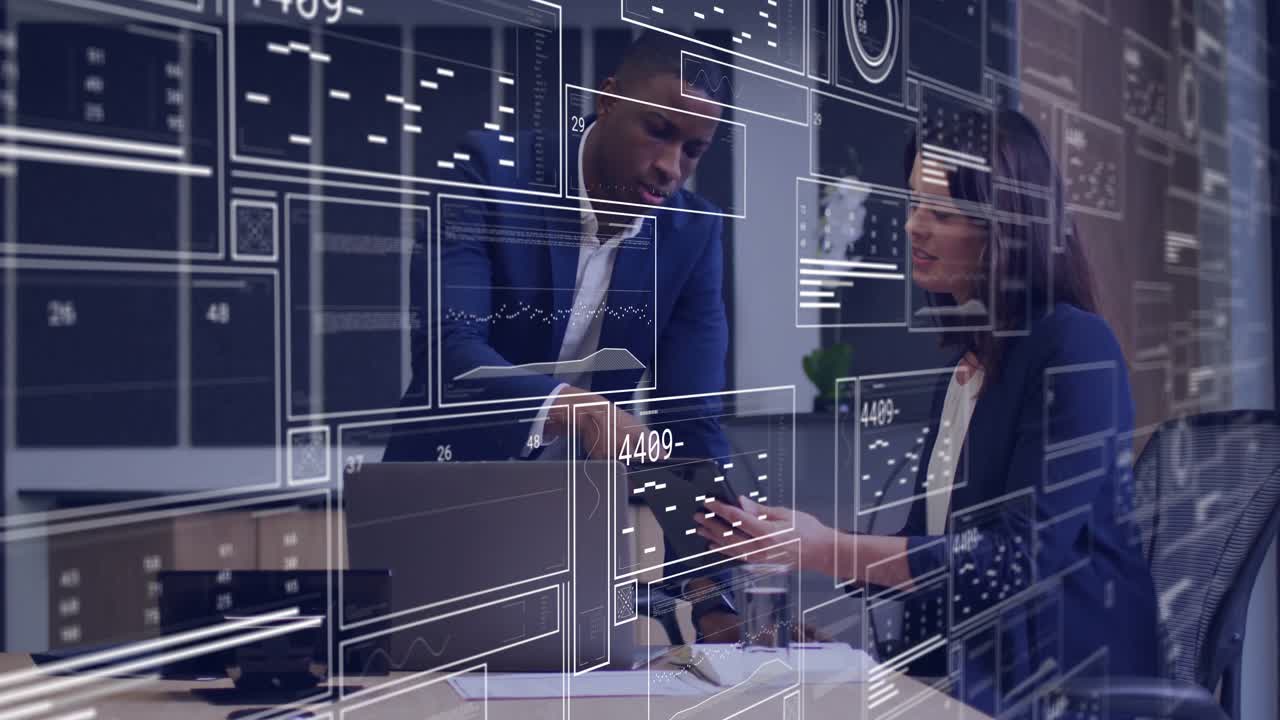 Leaning over desk, colleagues using holographic business tablet charts for review