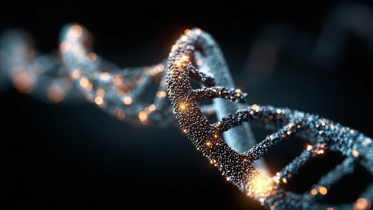 Struttura a Elica del DNA Illuminata che Mostra una Composizione Molecolare Dettagliata con un'Estetica Luminosa, Evidenziando la Complessità della Codifica Genetica