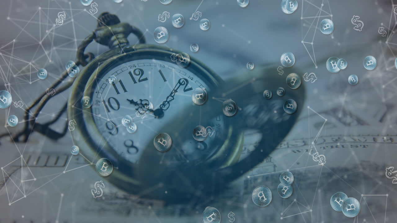 Animation of bitcoin symbol over banknotes