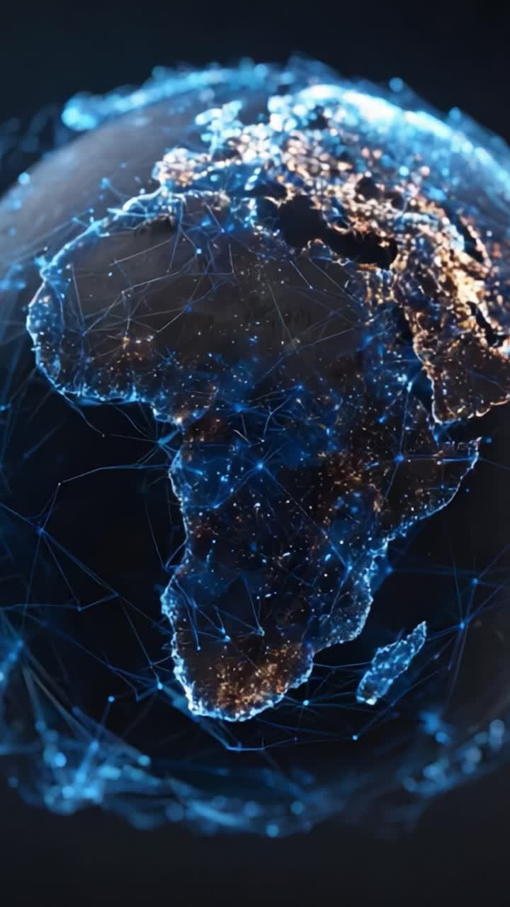Una straordinaria rappresentazione digitale della Terra con focus sull'Africa, che mette in mostra la splendida connettività e la rete globale della tecnologia moderna e dei dati
