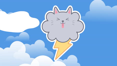 animation of cute cloud with thunder over clouds on blue background