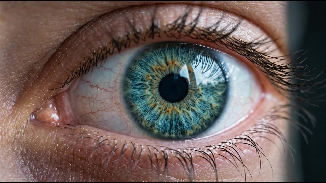 Primo piano estremo dell'iride blu-verde con pupilla e ciglia dettagliate in visualizzazione clinica