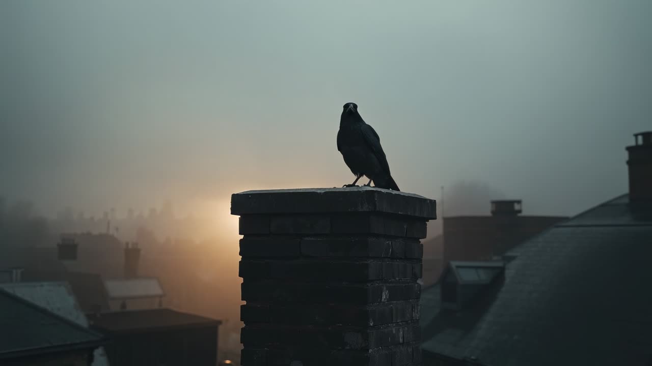 Shifting crow scanning rooftops on brick chimney after sun piercing fog, with chimney stacks
