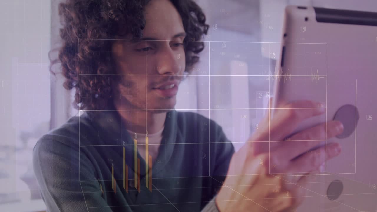 Adult male tapping tablet near coffee cup, updating business bar charts, grid filling left to right