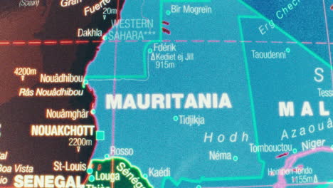 close-up of a map centered on mauritania in northwest africa