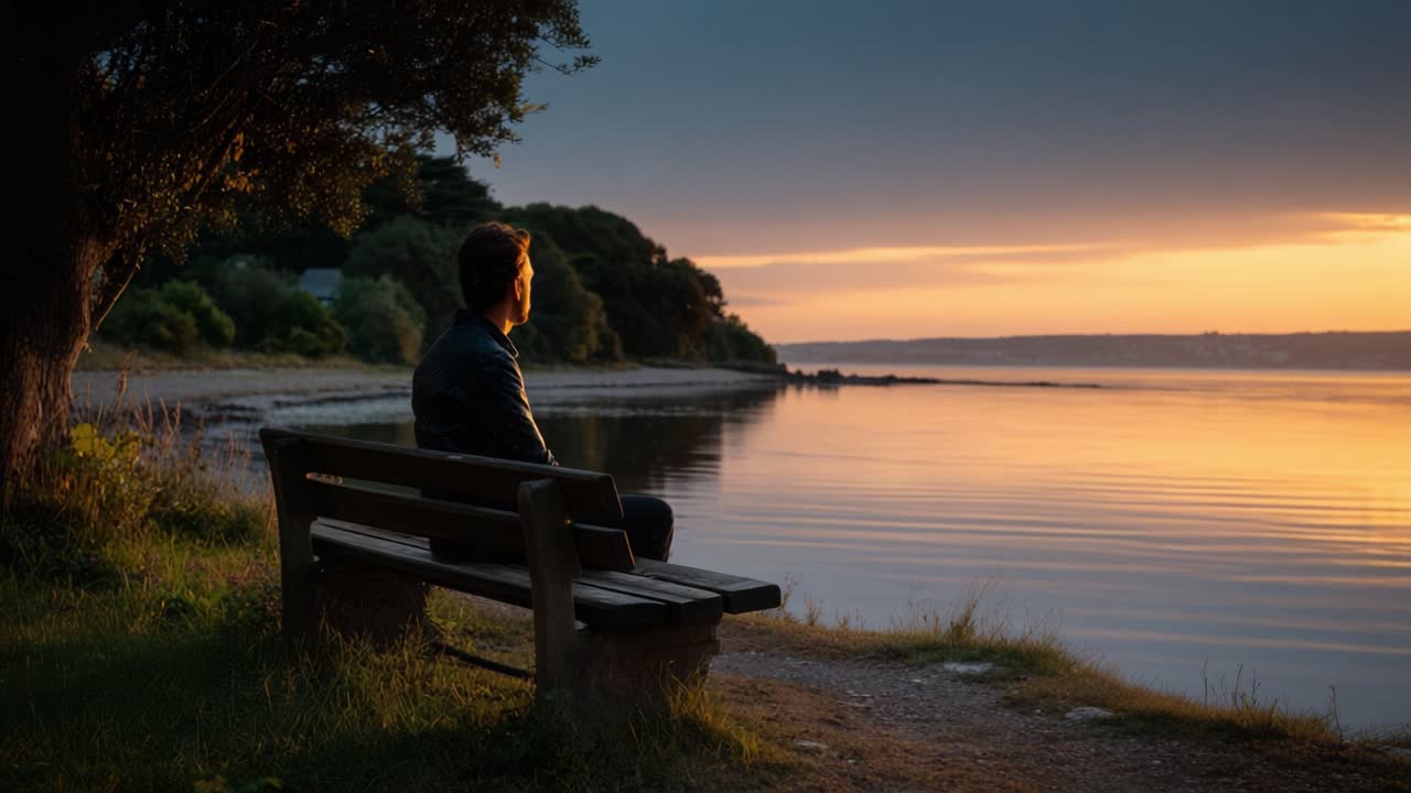 Contemplative Reflection by the Water's Edge: A Journey into Tranquility During a Stunning Sunset on a Serene Lakeside Bench