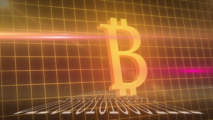 Simbolo bitcoin su codice binario contro linee della griglia
