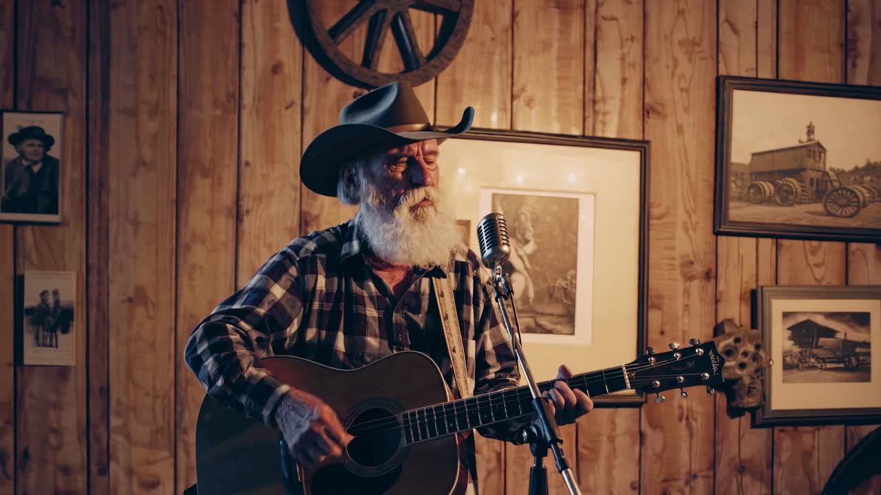 A rustic video scene with a bearded man in a cowboy hat playing guitar