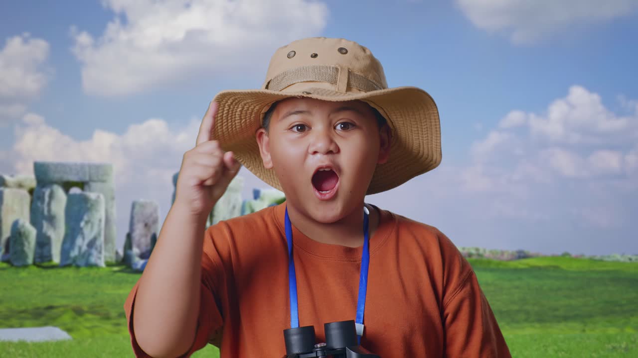 Asian Boy With A Hat And Binoculars Thinking And Looking Around Then Raising His Index Finger While Traveling In Stonehenge. Boy Researcher, Travel Adventure Concept, Close Up