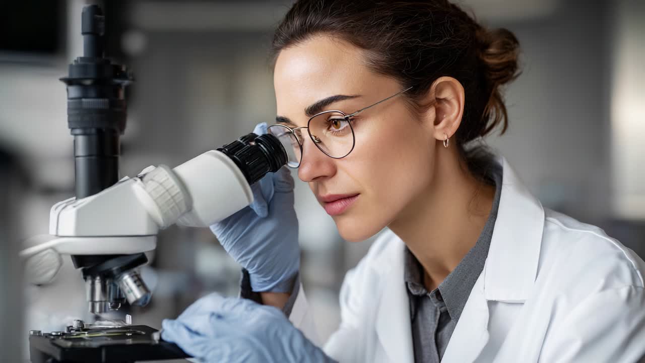 A focused scientist examines a sample under a microscope in a modern laboratory, showcasing dedication and precision in scientific research, highlighting the importance of meticulous analysis in achieving breakthroughs