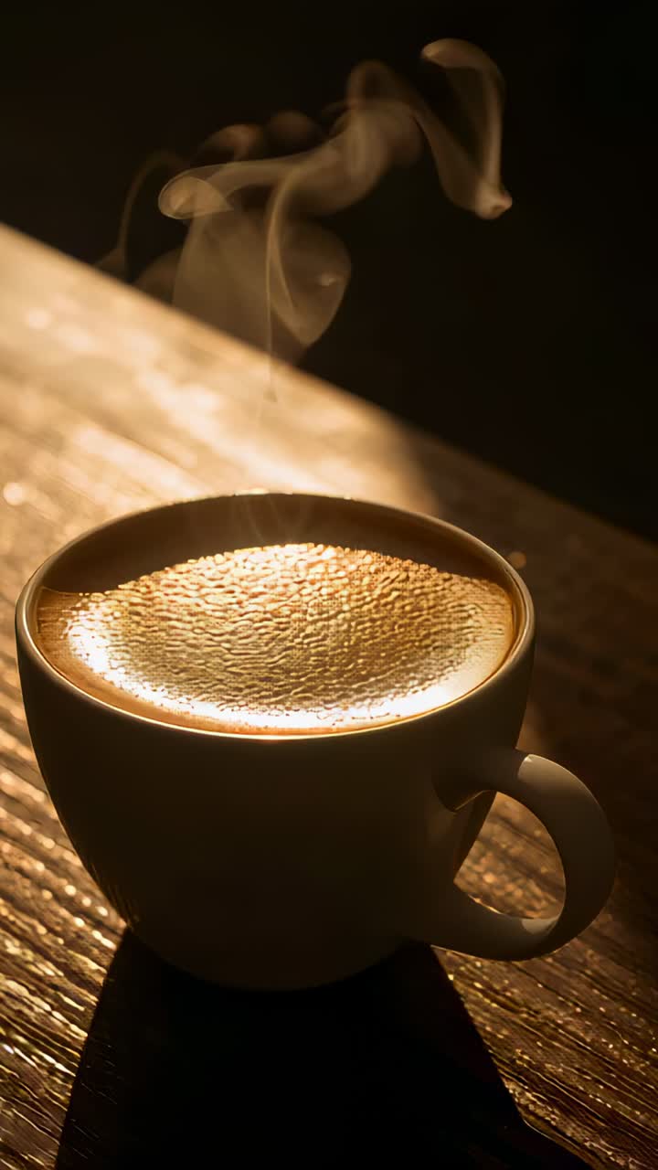 Vertical video: Heating coffee releasing steam above ceramic cup on wood table, warm side light