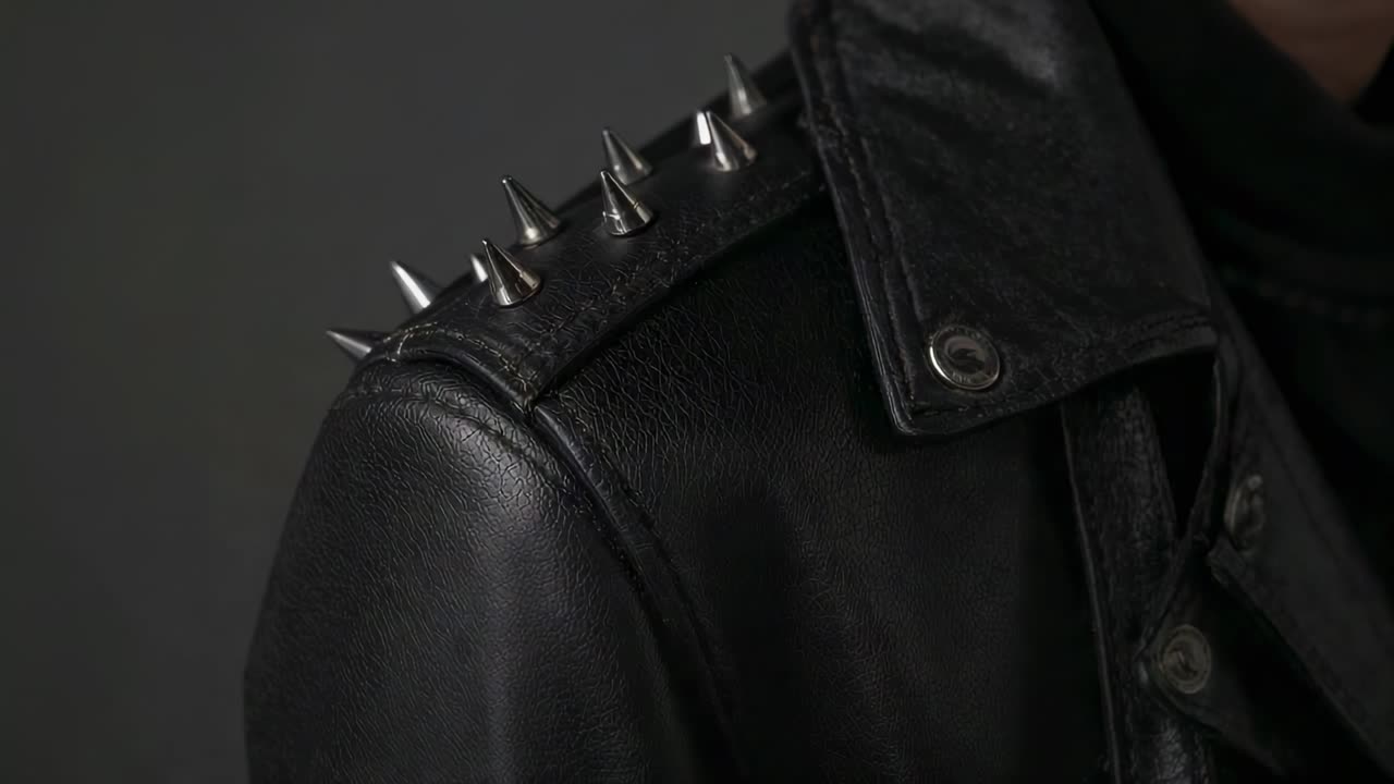 Camera slowly revealing person's left shoulder and collar in studio, highlighting metal spike studs