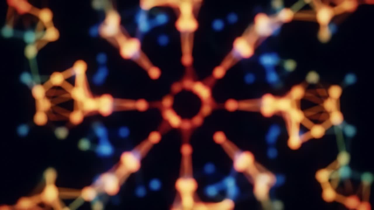 This visual composition features a vibrant network of interconnected shapes in bright colors.