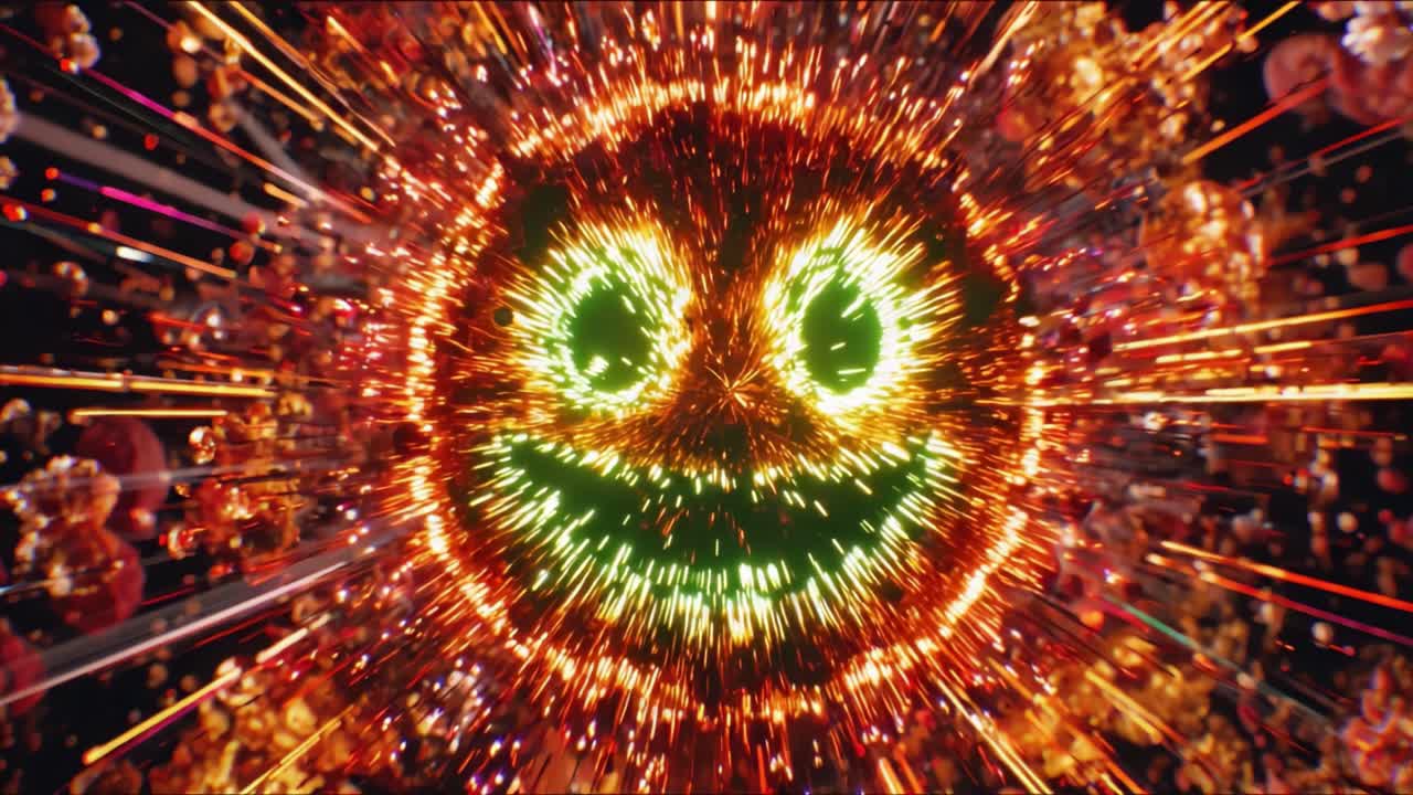 A Vibrant Cosmic Explosion of Joy: The Transformation of a Colorful Smiley Face Surrounded by Multicolored Particles, Radiating Energy and Happiness in an Impressive Display