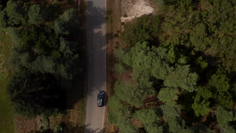 Aerial-birds-eye-overhead-top-down-tracking-view-of-car-driving-on-road-through-forest-in-countryside.-Denmark