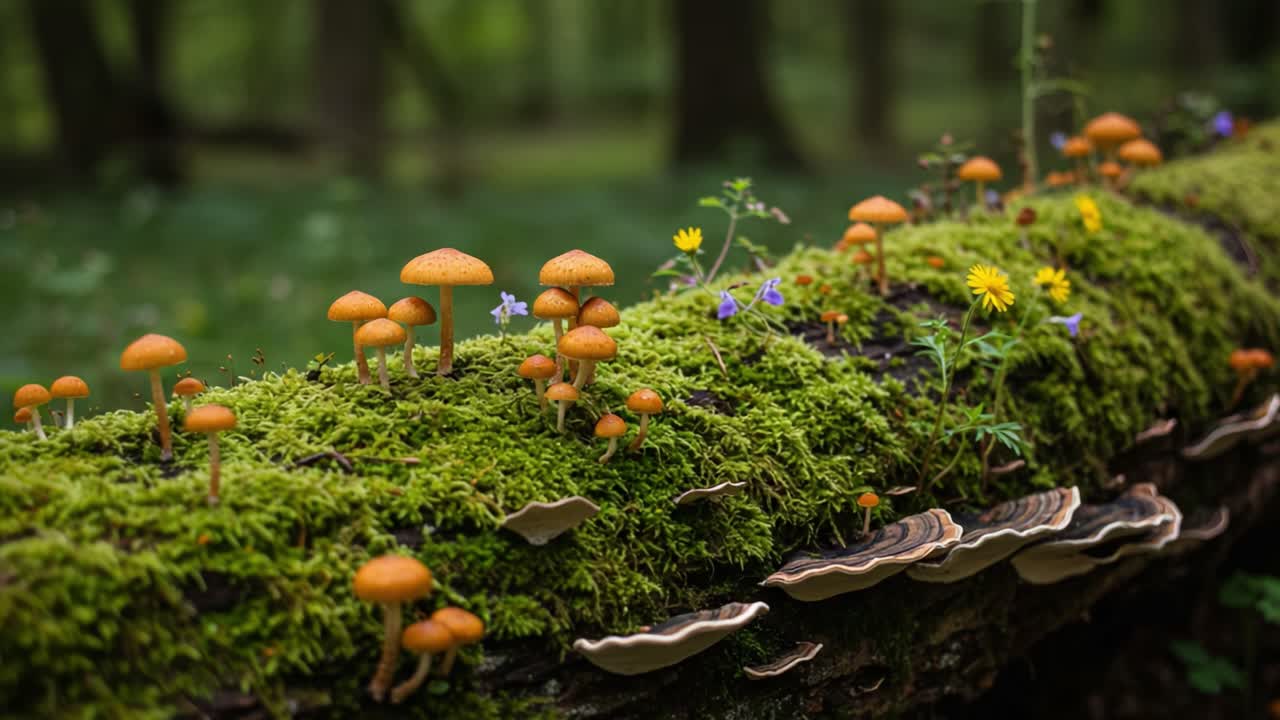 A captivating scene of vibrant mushrooms and delicate flowers thriving on a moss-covered log in a tranquil forest, showcasing the beauty of nature's biodiversity