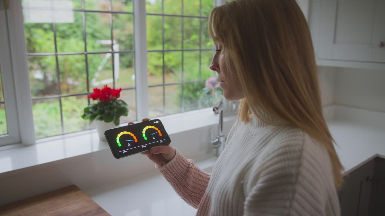 mujer preocupada mirando el medidor inteligente en la cocina en casa durante el costo de la vida crisis energética