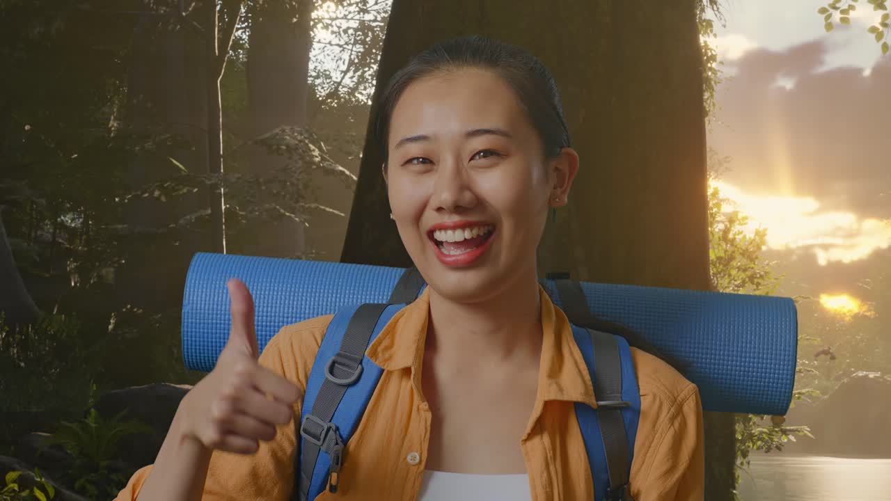 Close Up Of Asian Female Hiker With Mountaineering Backpack Smiling And Showing Thumbs Up Gesture To Camera While Exploring Forest Nature
