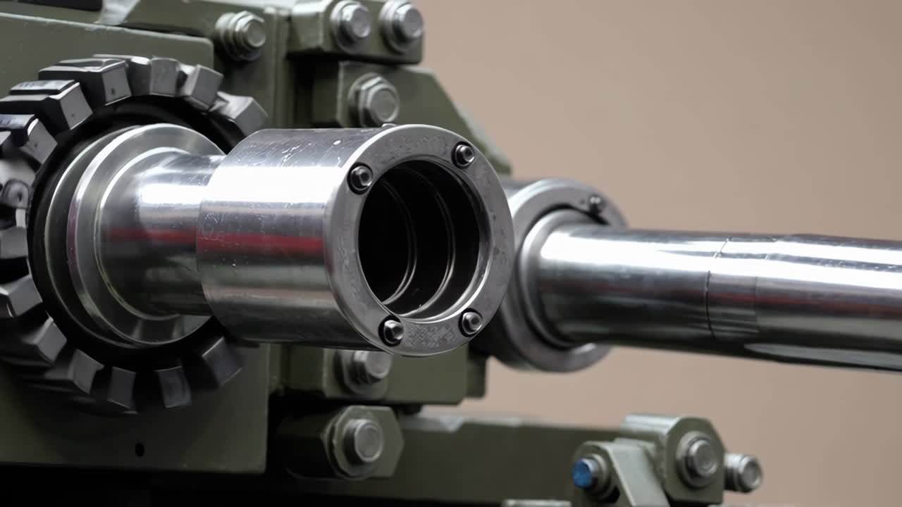 Close-up of a Military Tank Gun Barrel and Mechanism
