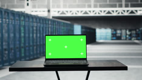 close up of green screen laptop in data center used for inspecting equipment rigs
