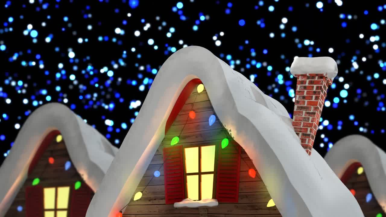 검은 바탕에 장식 된 집과 빛의 반점이 있는 겨울 풍경의 애니메이션