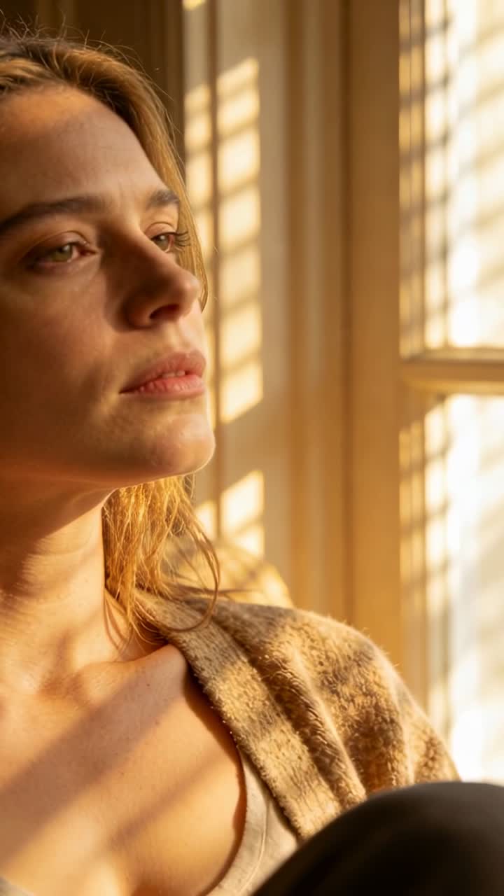 Vertical video: Opening eyes woman turning toward blinds at home as sun through window in cardigan