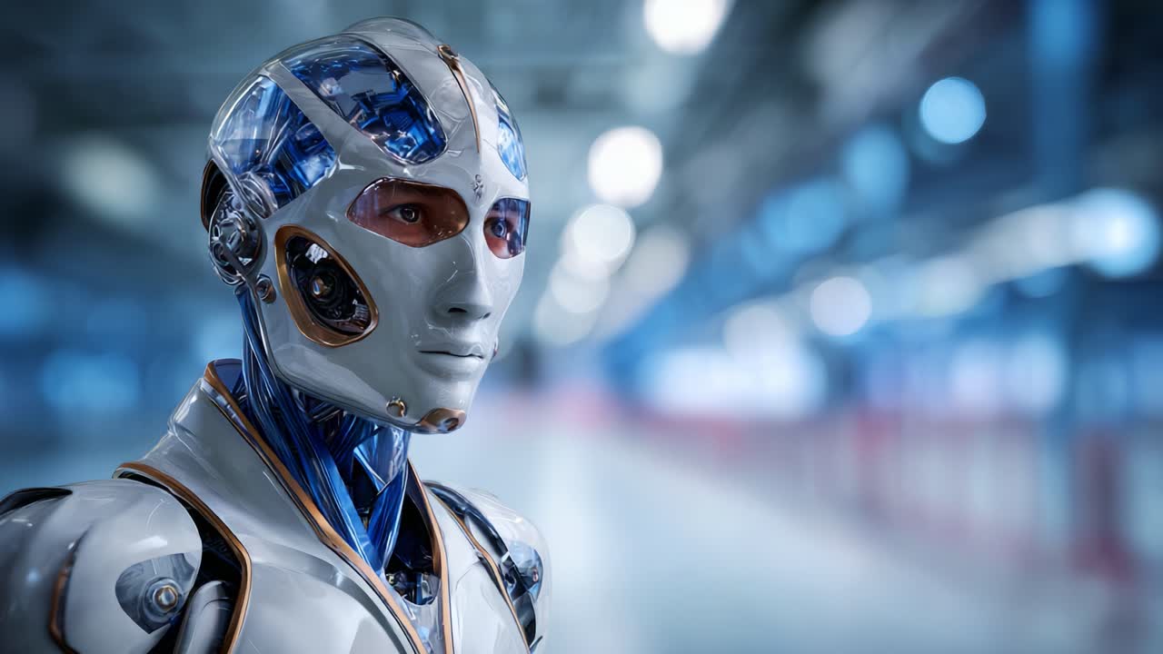 Şık bir ortamda gelişmiş teknoloji ve tasarımı sergileyen, yapay zeka ve insan benzeri özelliklerin karışımını vurgulayan fütüristik insansı robot