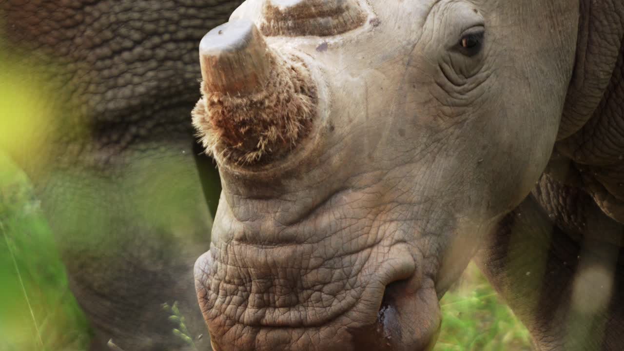 close up rhinos head in the wild