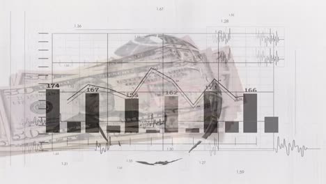 animation of data processing over hand with globe of banknotes