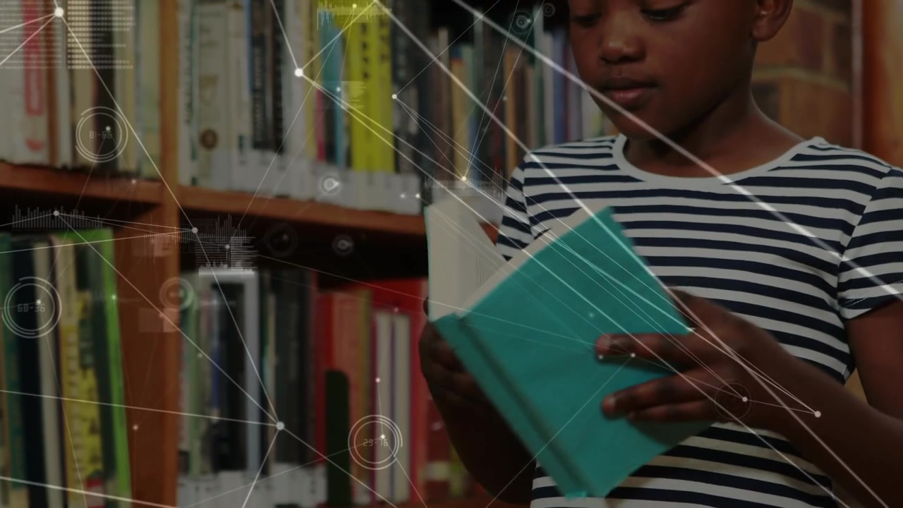 Camera panning up, child holding teal book turning pages while animated nodes mapping learning