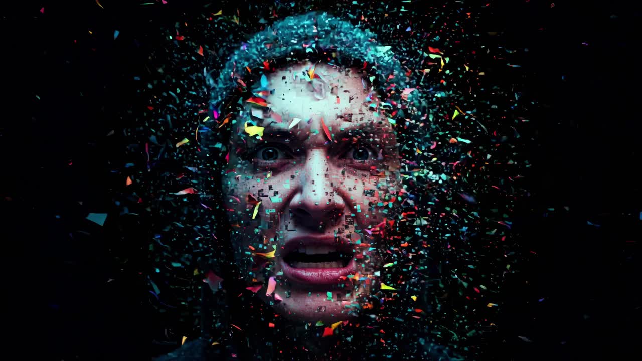 Emotional transformation through visual effects in a dark setting showcasing intense facial expression