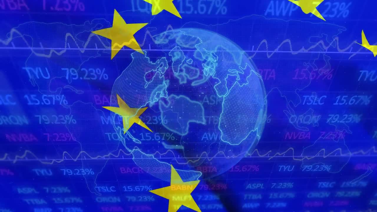 Animazione di globo su bandiera dell'UE e mercato azionario