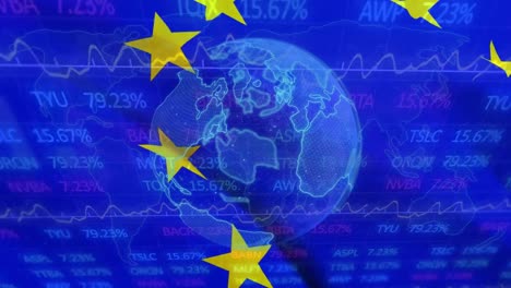 animation of globe over flag of eu and stock market