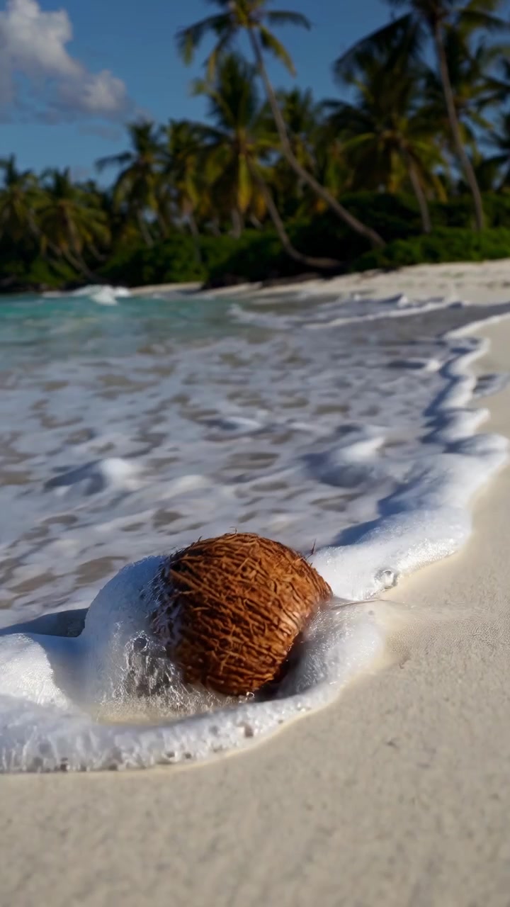 Cocco che riposa su una spiaggia tropicale di sabbia bianca con onde oceaniche