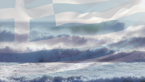 animation of flag of greece blowing over waves in sea