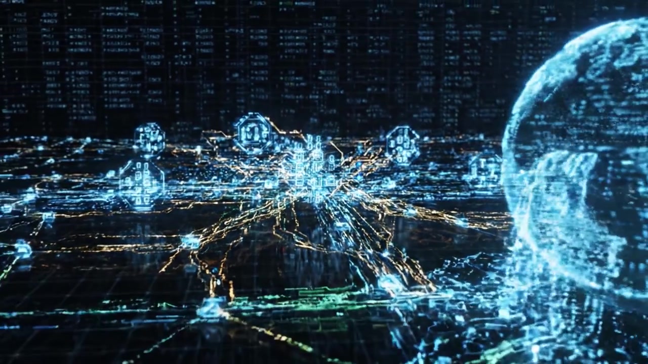 A Futuristic Digital Matrix: Exploring the Intricate Interconnectivity of Data Points and Networks in a Vividly Rendered 3D Environment