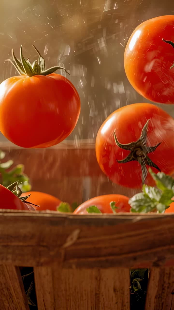 Vertical video: Dropping ripe red tomatoes into wooden basket on countertop with herbs and mist