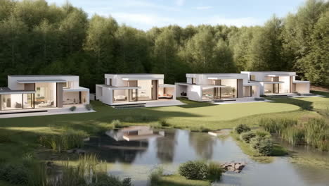 modern houses by a pond with forest background
