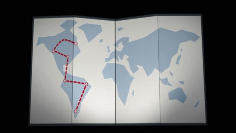 Itinerary Route is drawn on foldable world map