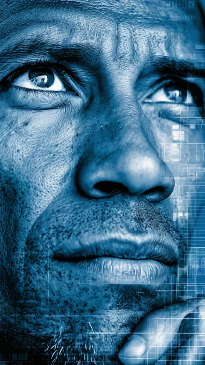 Intense contemplation captured in a close-up shot, highlighting the deep expressions and thoughtful gaze of a man lost in thought, surrounded by a futuristic blue digital aesthetic