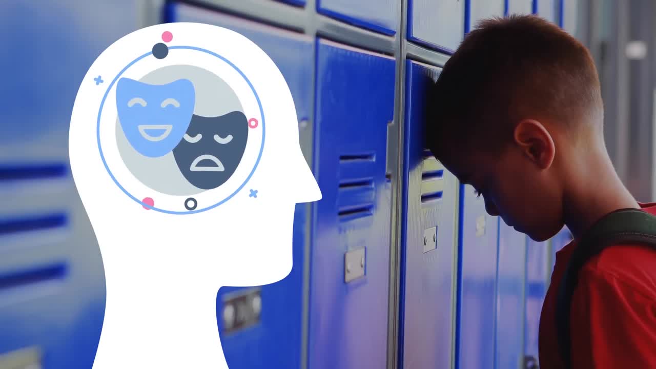 학교에서 자신의 로커를 열고 있는 백인 소년에 대한 추상적인 인간 머리 아이콘