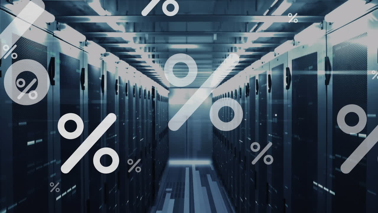 Animazione di simboli percentuali e barre che cadono con una sala server sullo sfondo.